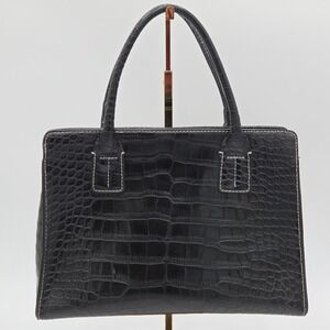Tommy Hilfiger Satchel Bag Croc Embossed Black Top Handle Designer Purse‎